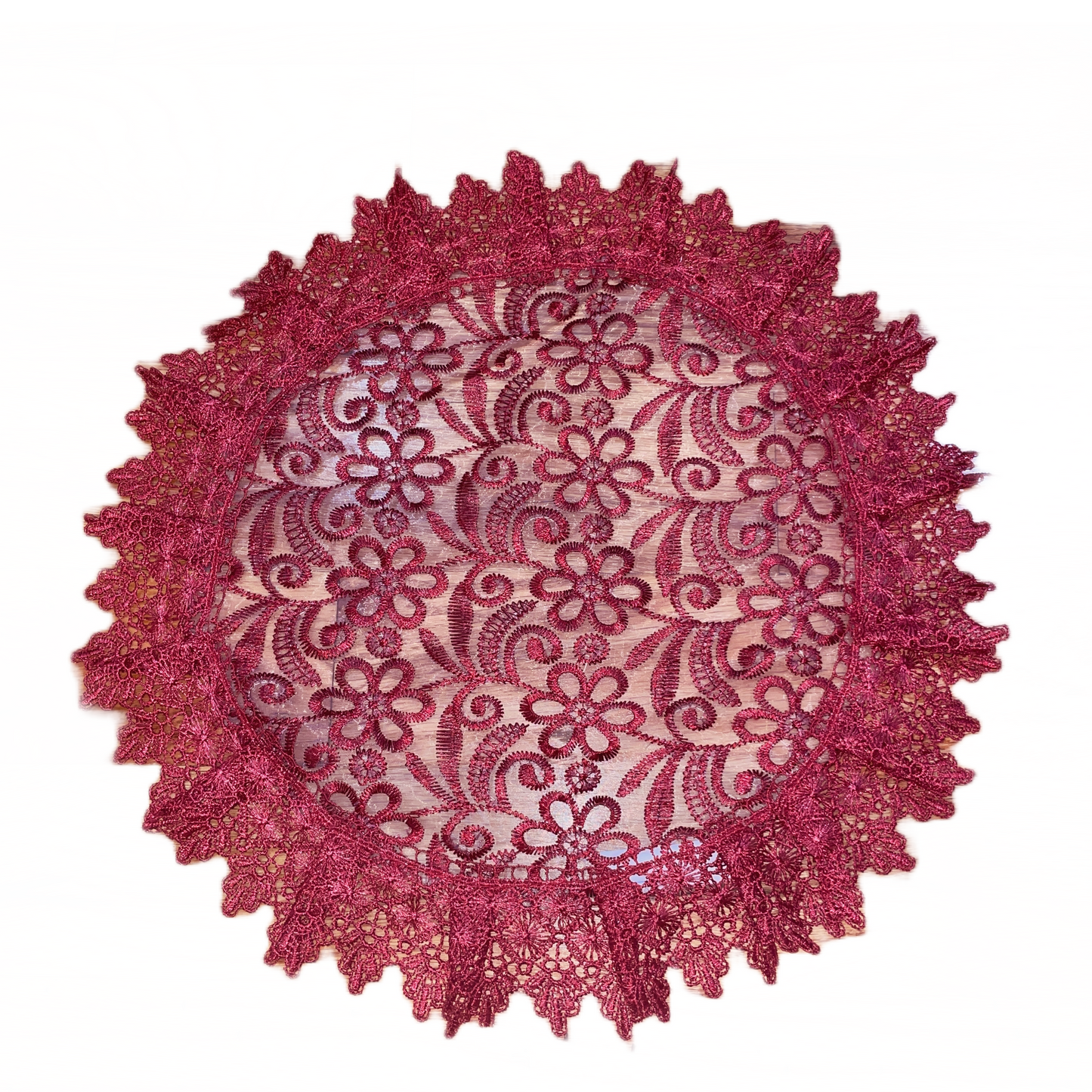 Round Embroidered floral design Table Runner 16 round Burgundy