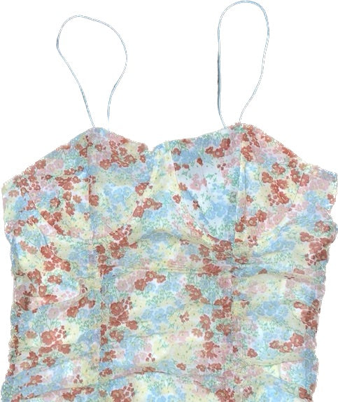 Women's Ruched Tie-Hem Print Dress Slim Fitted Floral Mesh