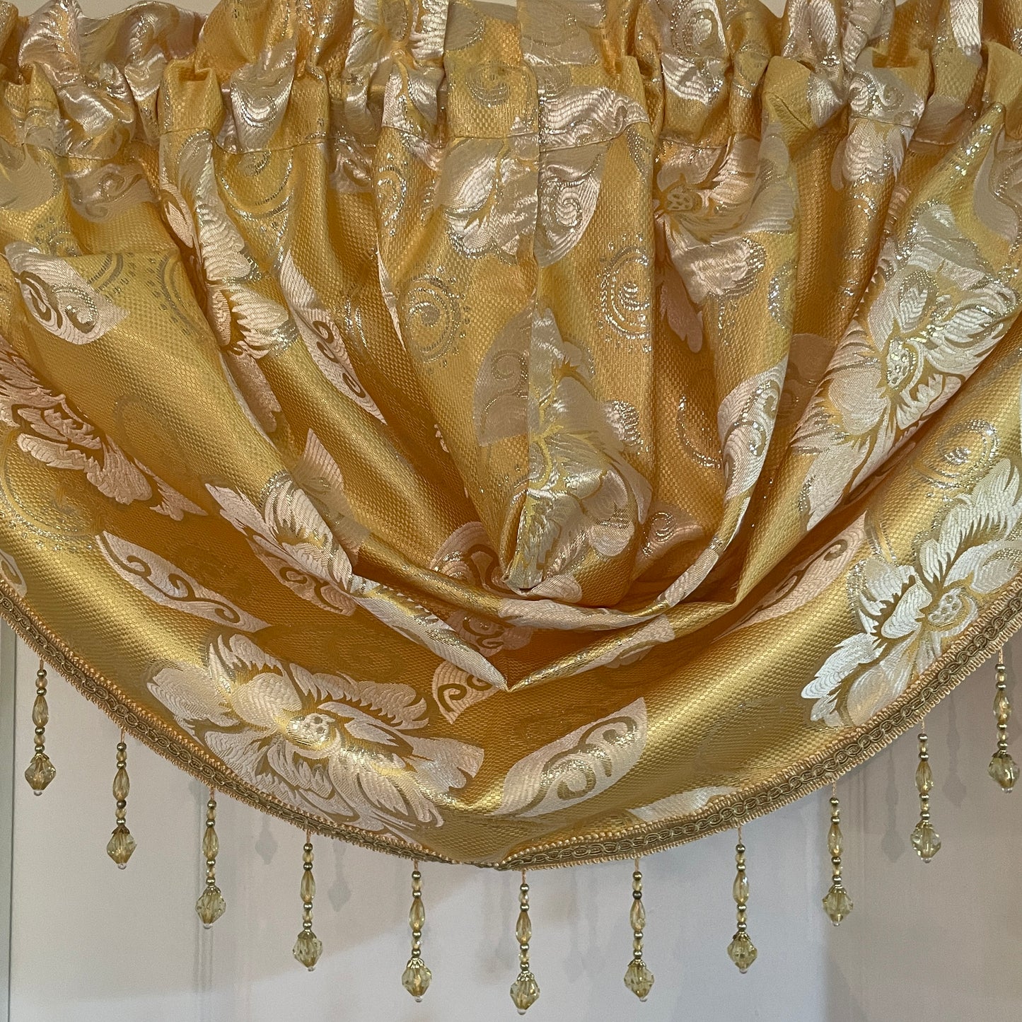 Golden Yellow Printed Floral Pattern Printed Floral Waterfall Valance Beaded