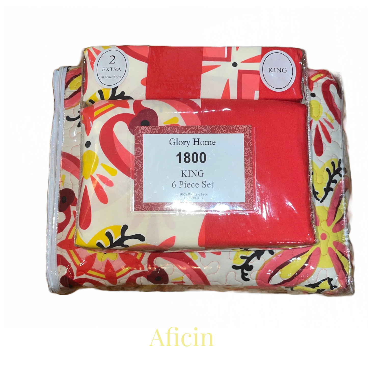 9 Piece Quilt w Sheet Set Medallion Reversible Pattern Print Red KING