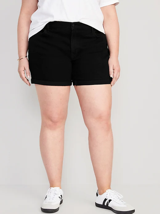 Mid-Rise Wow Black-Wash Jean Shorts for Women -- 5-inch inseam