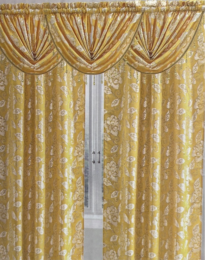 Golden Yellow Printed Floral Pattern Printed Floral Waterfall Valance Beaded