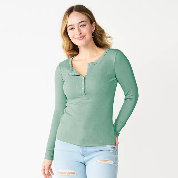 Women's Solid Henley button front Slim Fit long sleeve Tee Green