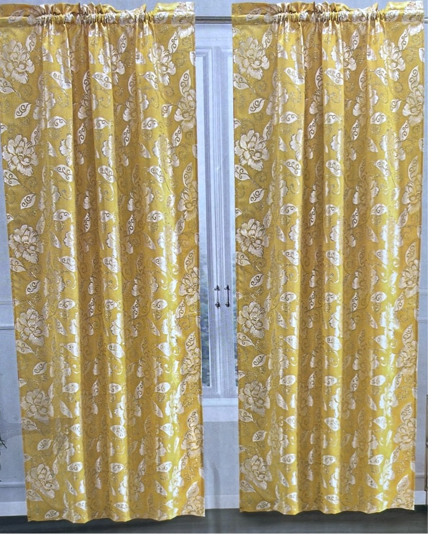Golden Yellow Printed Floral Pattern Panel Curtian