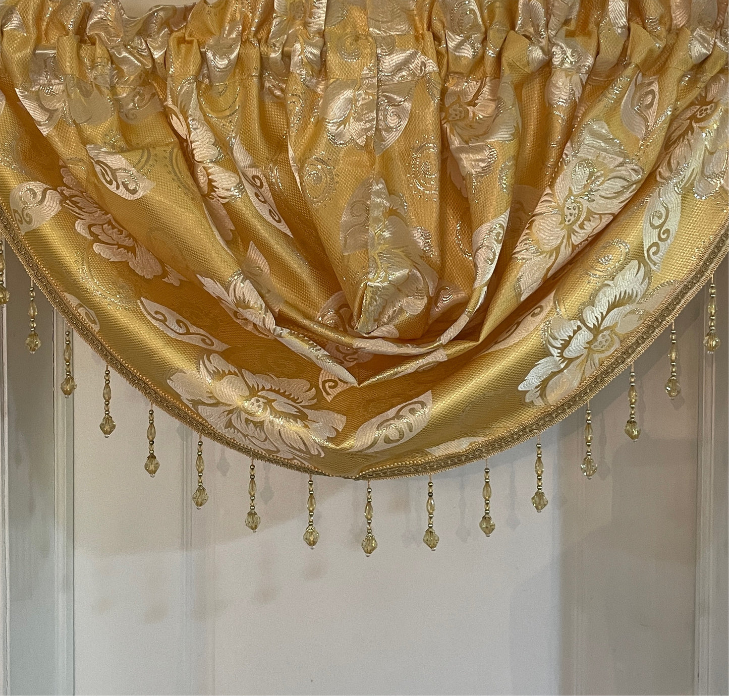 Golden Yellow Printed Floral Pattern Printed Floral Waterfall Valance Beaded