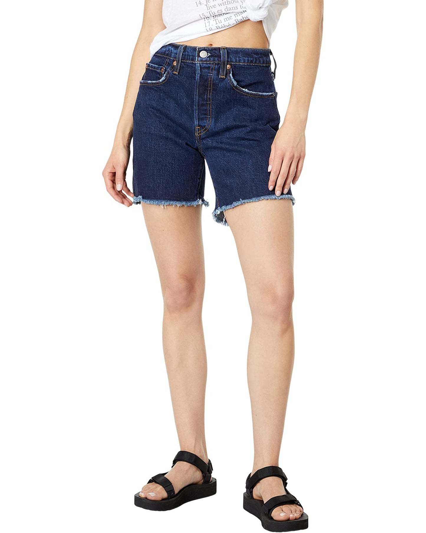 Levi's Dark Wash High Rise Long mid Thigh Frayed Denim Shorts