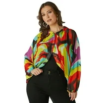 Women's PLUS SIZE Printed Collared Shrug Blouse Multi color Rainbow