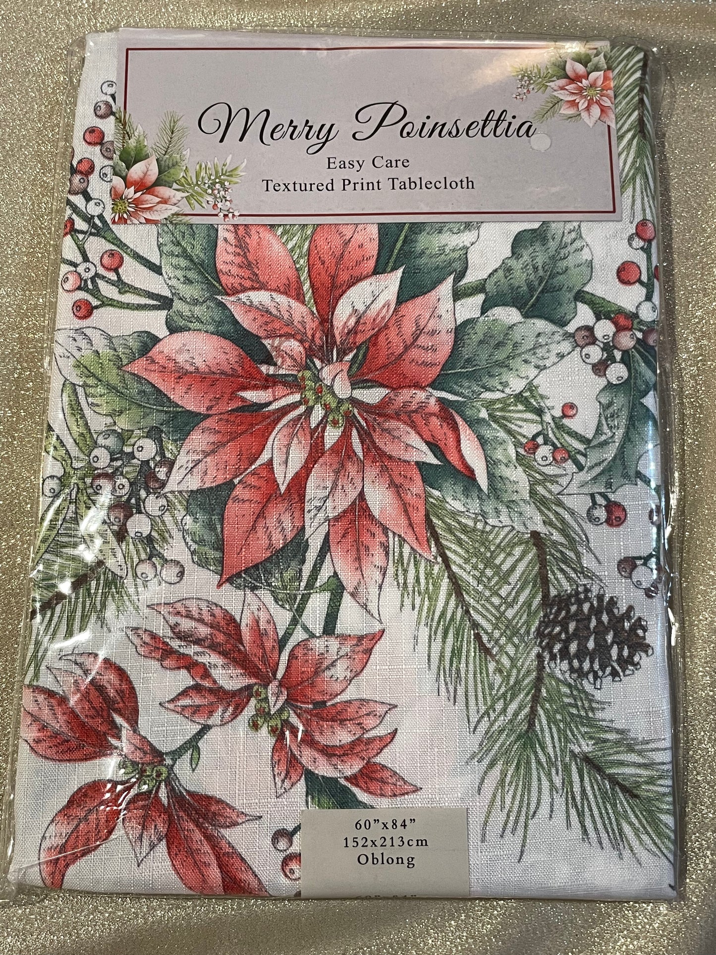 Merry Poinsettia Printed Tablecloth Holiday Christmas 60x84 Oblong