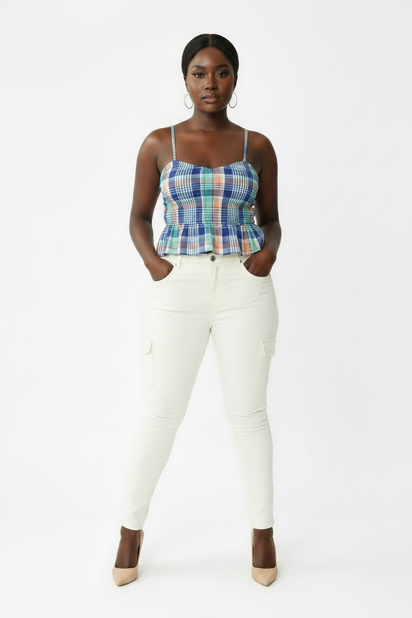 Women's Plaid Plus Size Blue Peplum Cinch-Waist Tank