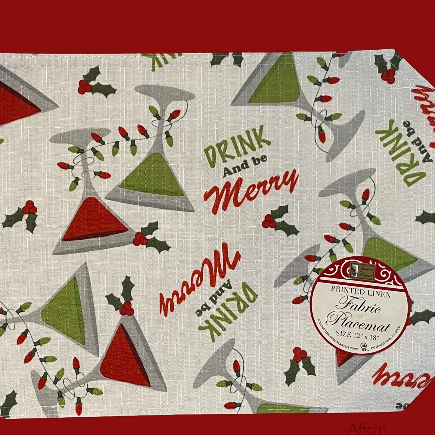 Printed Linen Fabric Christmas holiday table placemats "Drink and Be Merry" 12 X 18