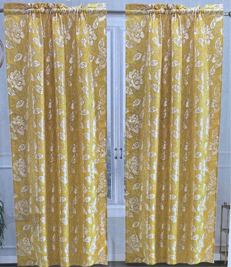 Golden Yellow Printed Floral Pattern Panel Curtian