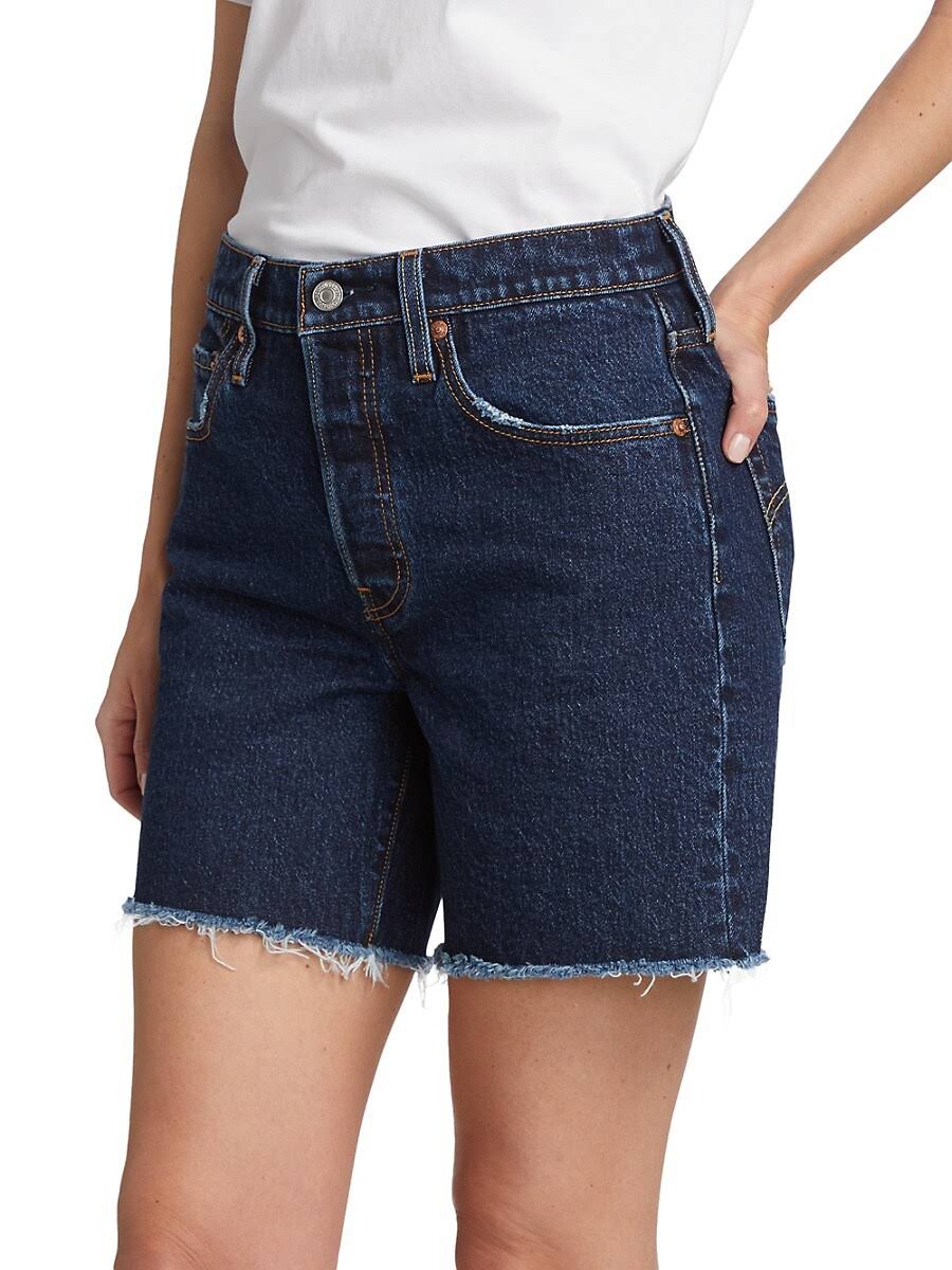 Levi's Dark Wash High Rise Long mid Thigh Frayed Denim Shorts