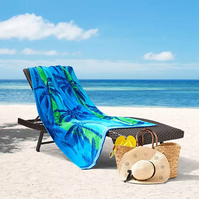Bright & Colorful 40" W x 72" XL Oversized REVERSIBLE EXTRA-LARGE Towel Bath Sheets Beach Blue Palm