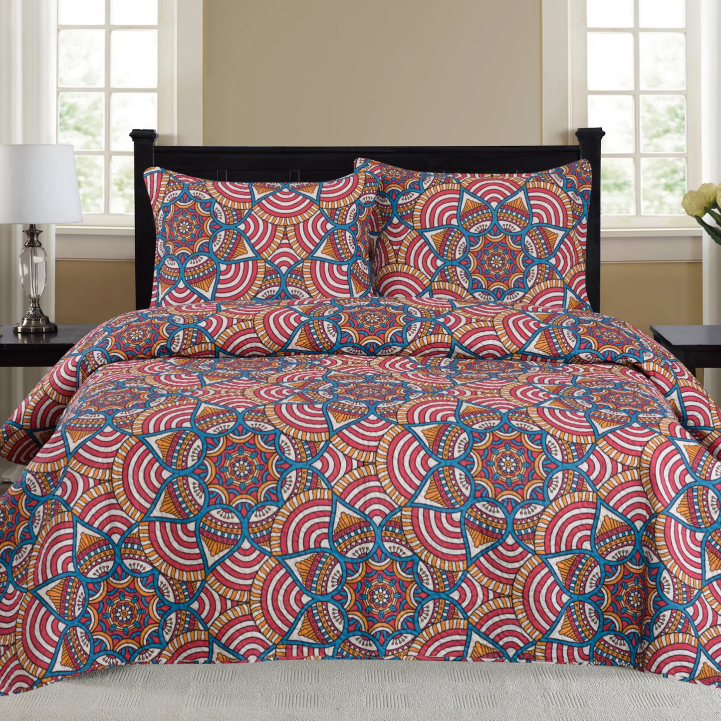 GT CHECK 3 Piece Quilt Set Medallion Pattern Print Orange KING