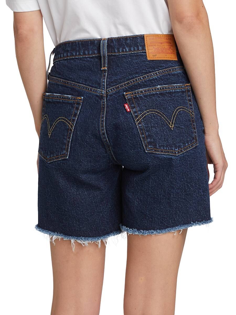 Levi's Dark Wash High Rise Long mid Thigh Frayed Denim Shorts
