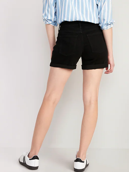 Mid-Rise Wow Black-Wash Jean Shorts for Women -- 5-inch inseam