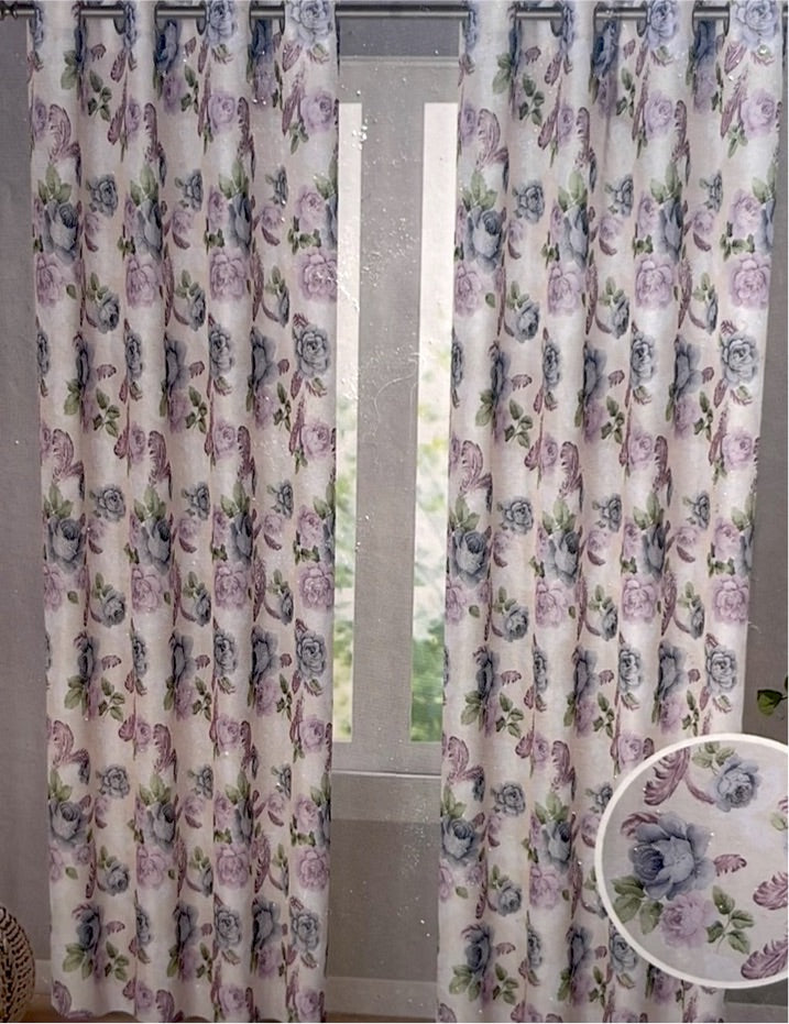 JILLIAN Printed Floral flowers Pattern Panel Curtain with 8 grommets Purple Beige