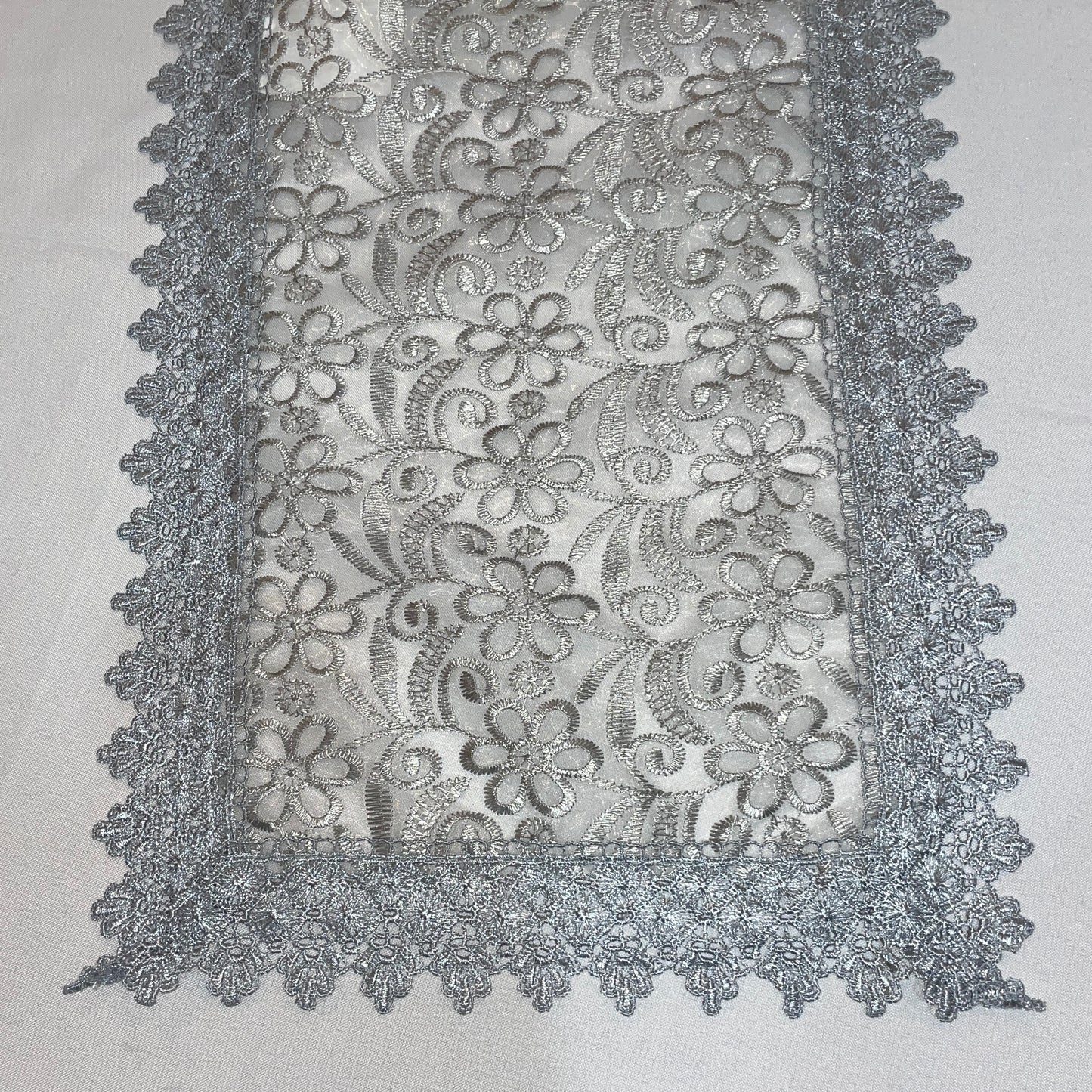 Embroidered floral design Table Runner 14 X 20 Silver