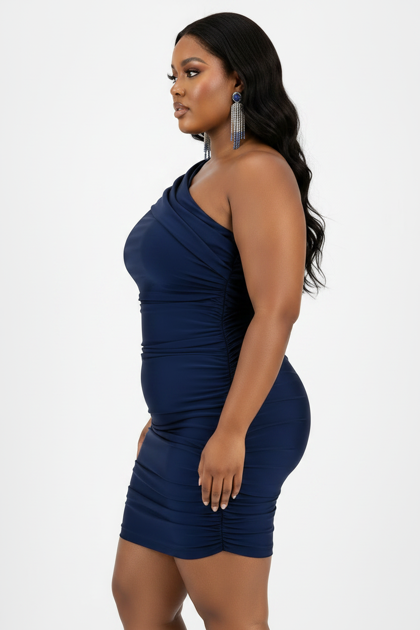 B Darlin Trendy Plus Size Ruched One-Shoulder Mini Sexy Dress Blue
