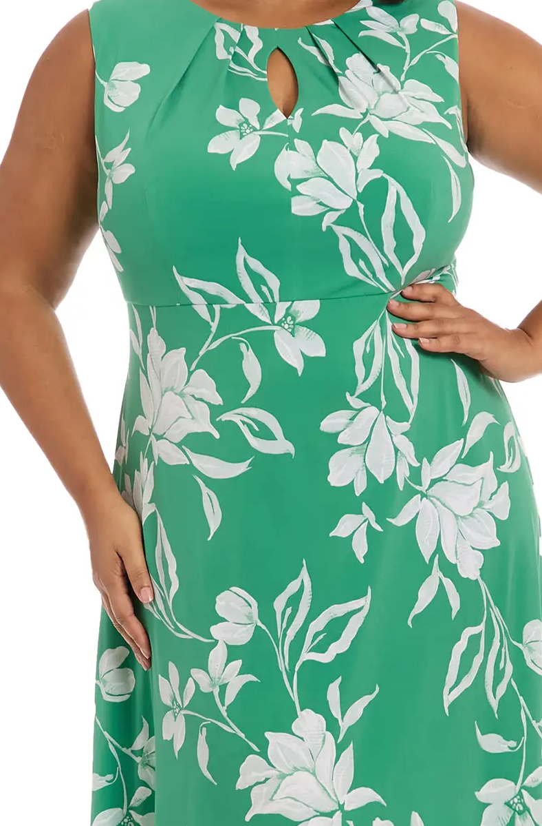 Women's PLUS SIZE Keyhole Midi Dress Green Print