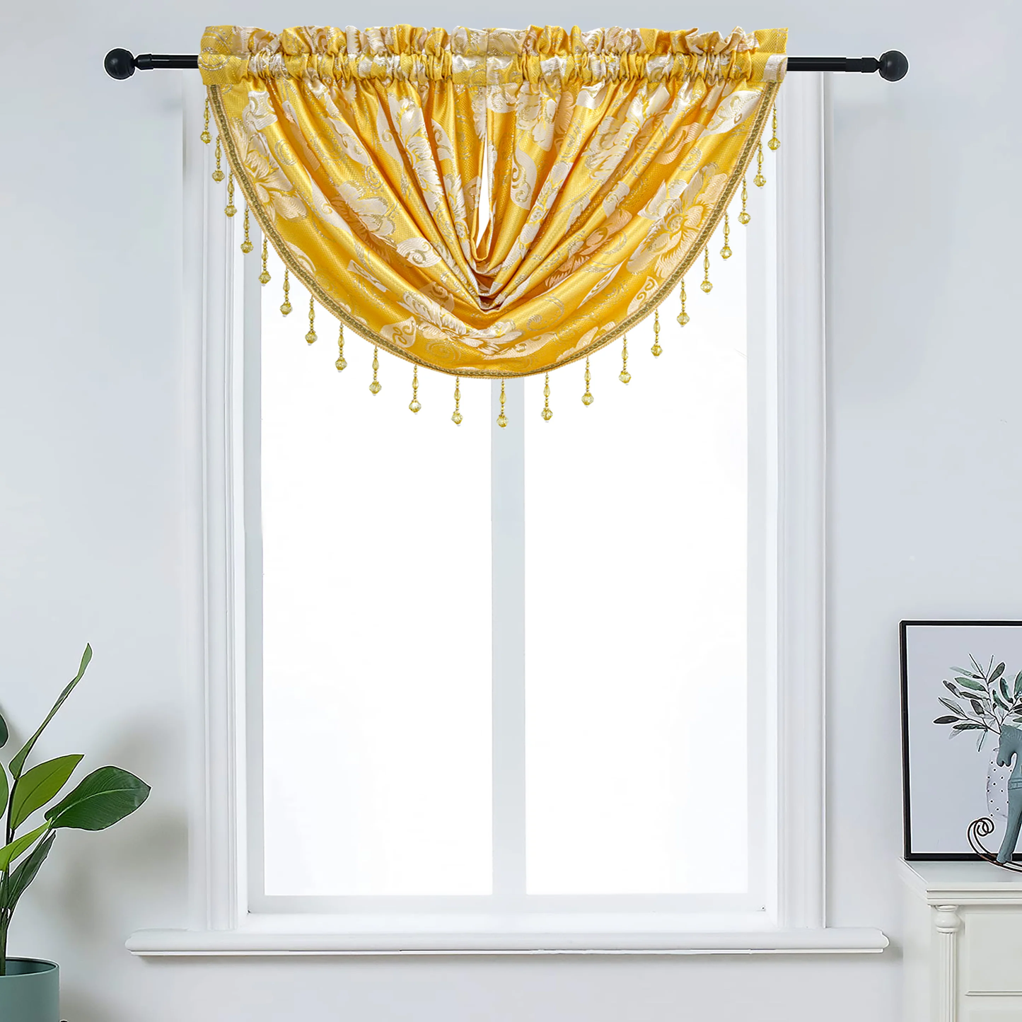 Golden Yellow Printed Floral Pattern Printed Floral Waterfall Valance Beaded