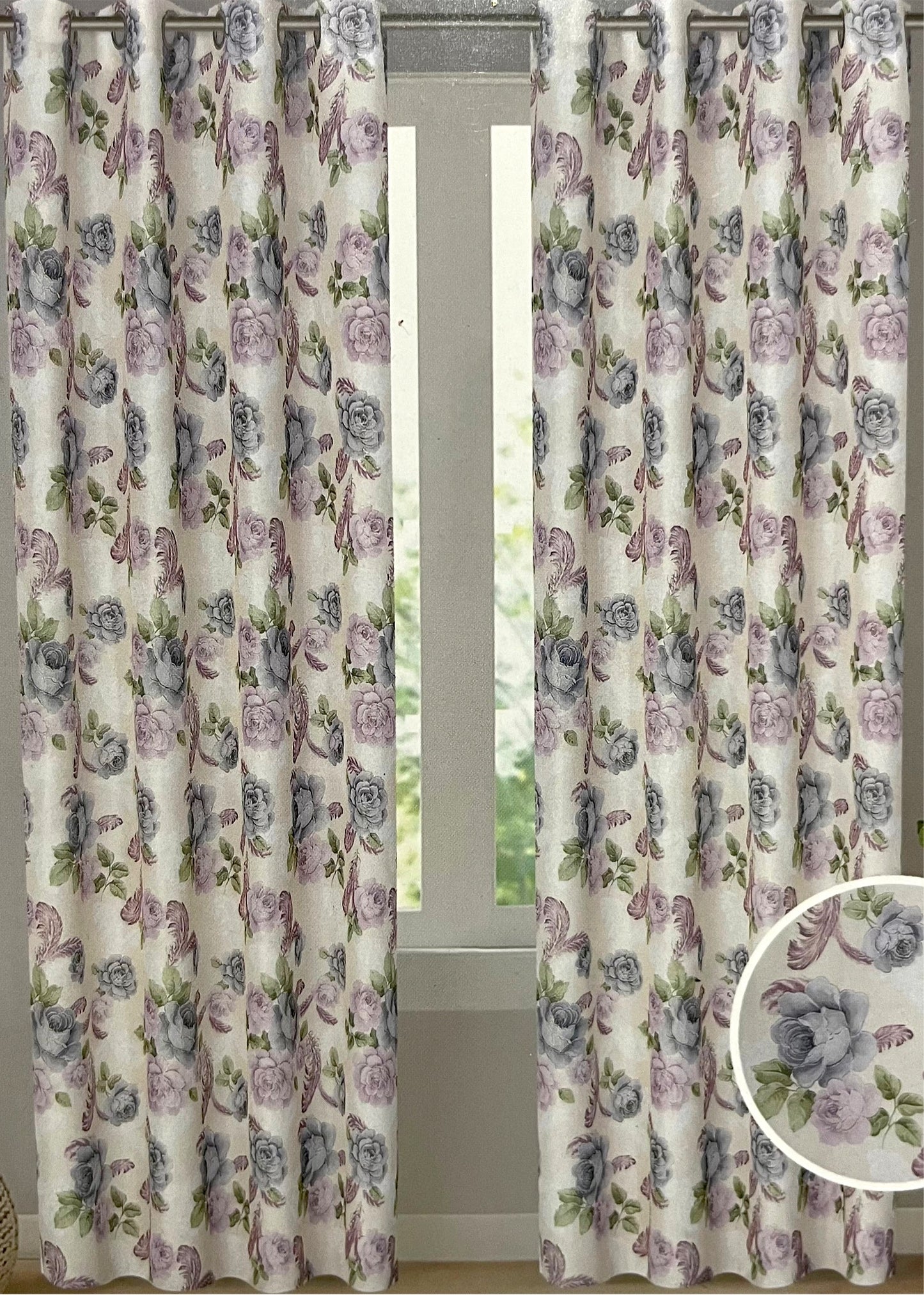 JILLIAN Printed Floral flowers Pattern Panel Curtain with 8 grommets Purple Beige