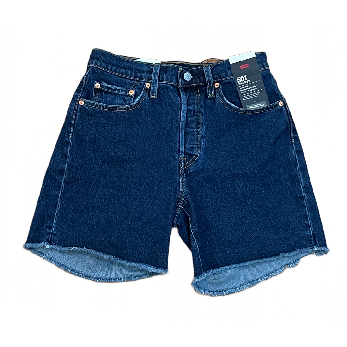 Levi's Dark Wash High Rise Long mid Thigh Frayed Denim Shorts
