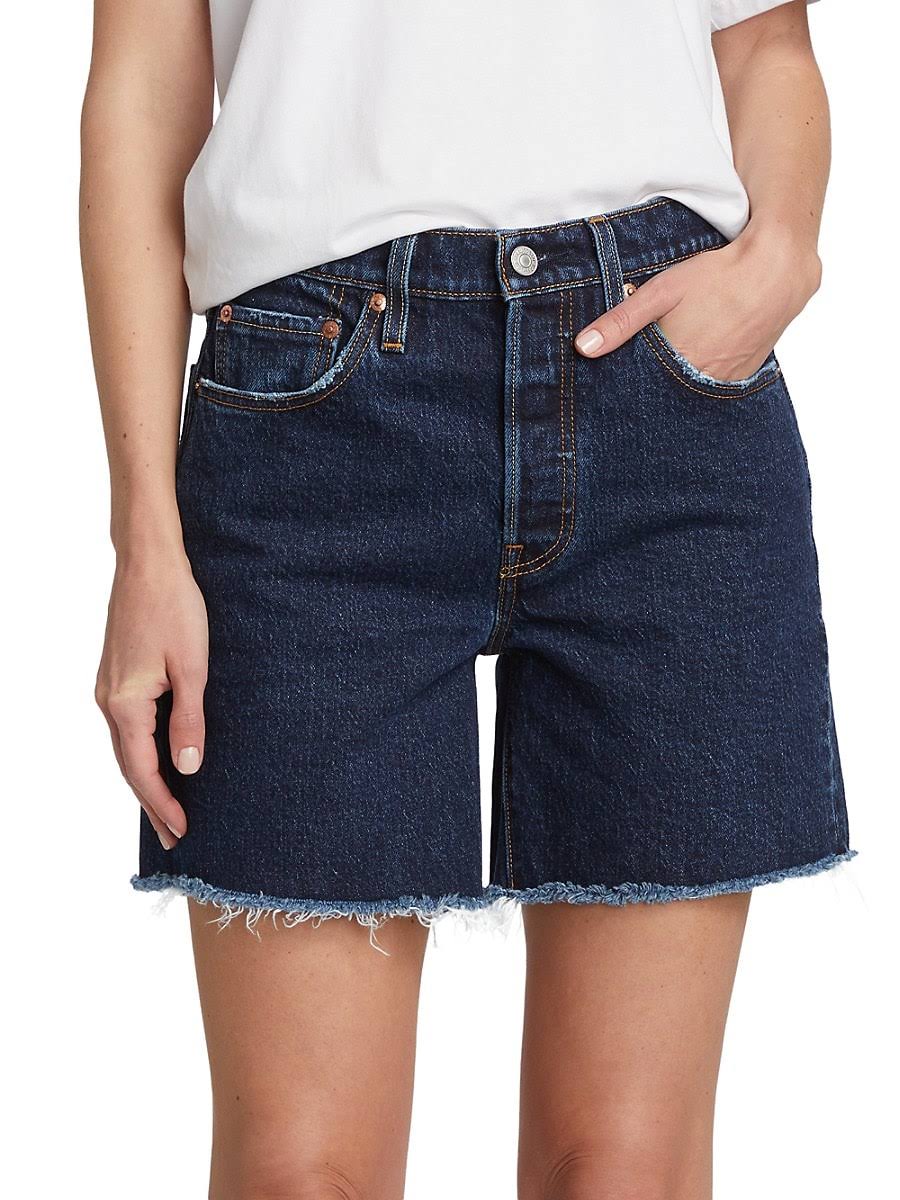 Levi's Dark Wash High Rise Long mid Thigh Frayed Denim Shorts