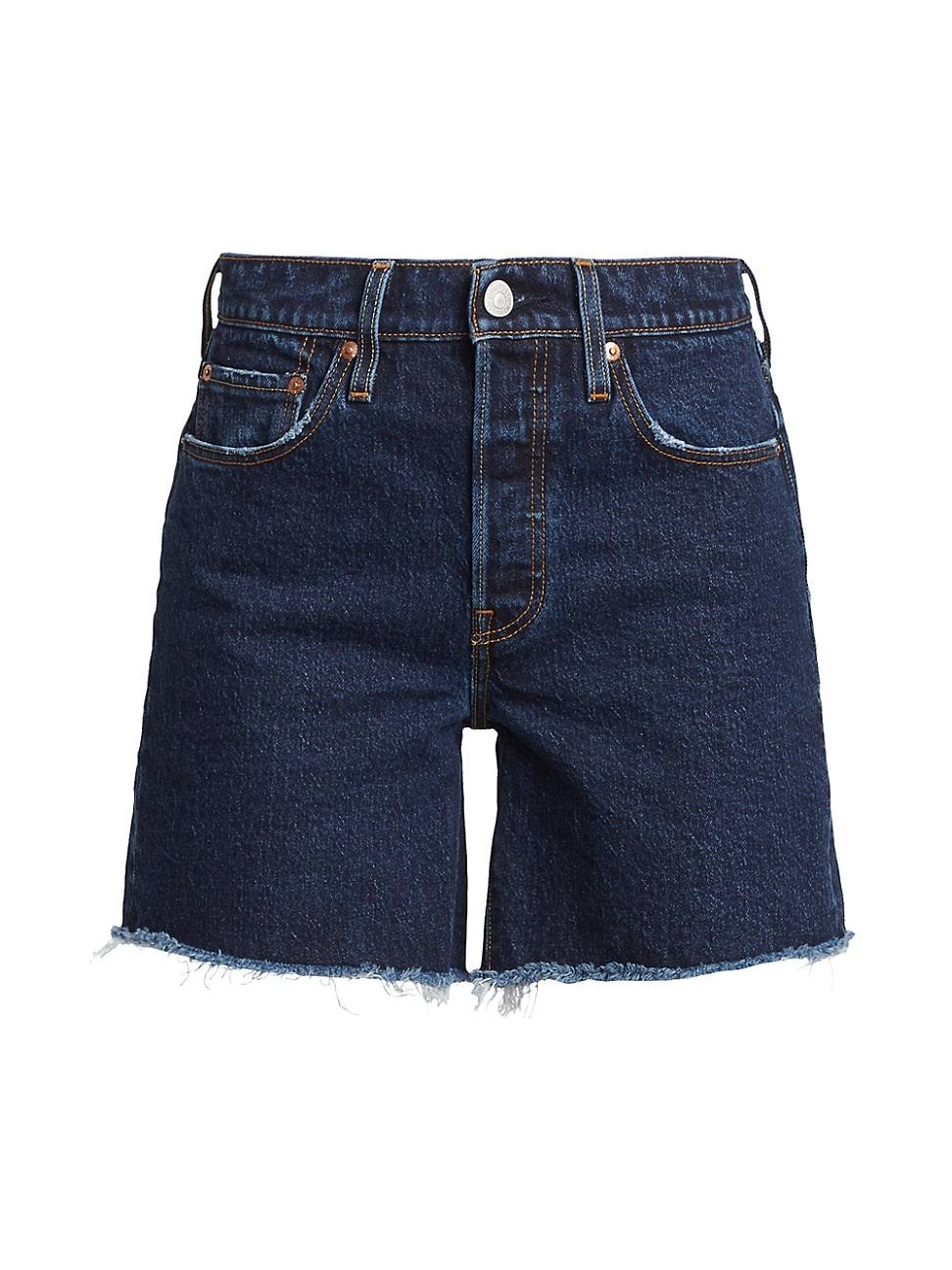Levi's Dark Wash High Rise Long mid Thigh Frayed Denim Shorts