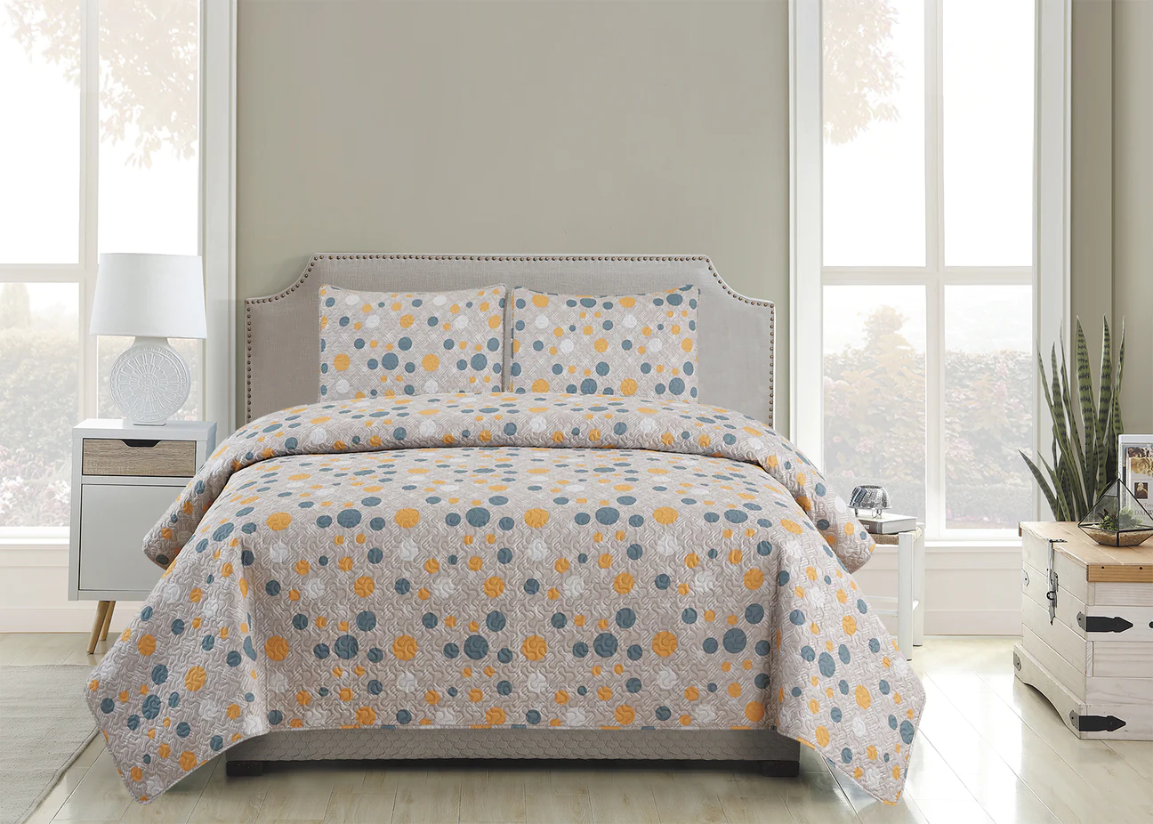 3 Piece Quilt Set Circle Dot pattern Reversible Print Gray KING
