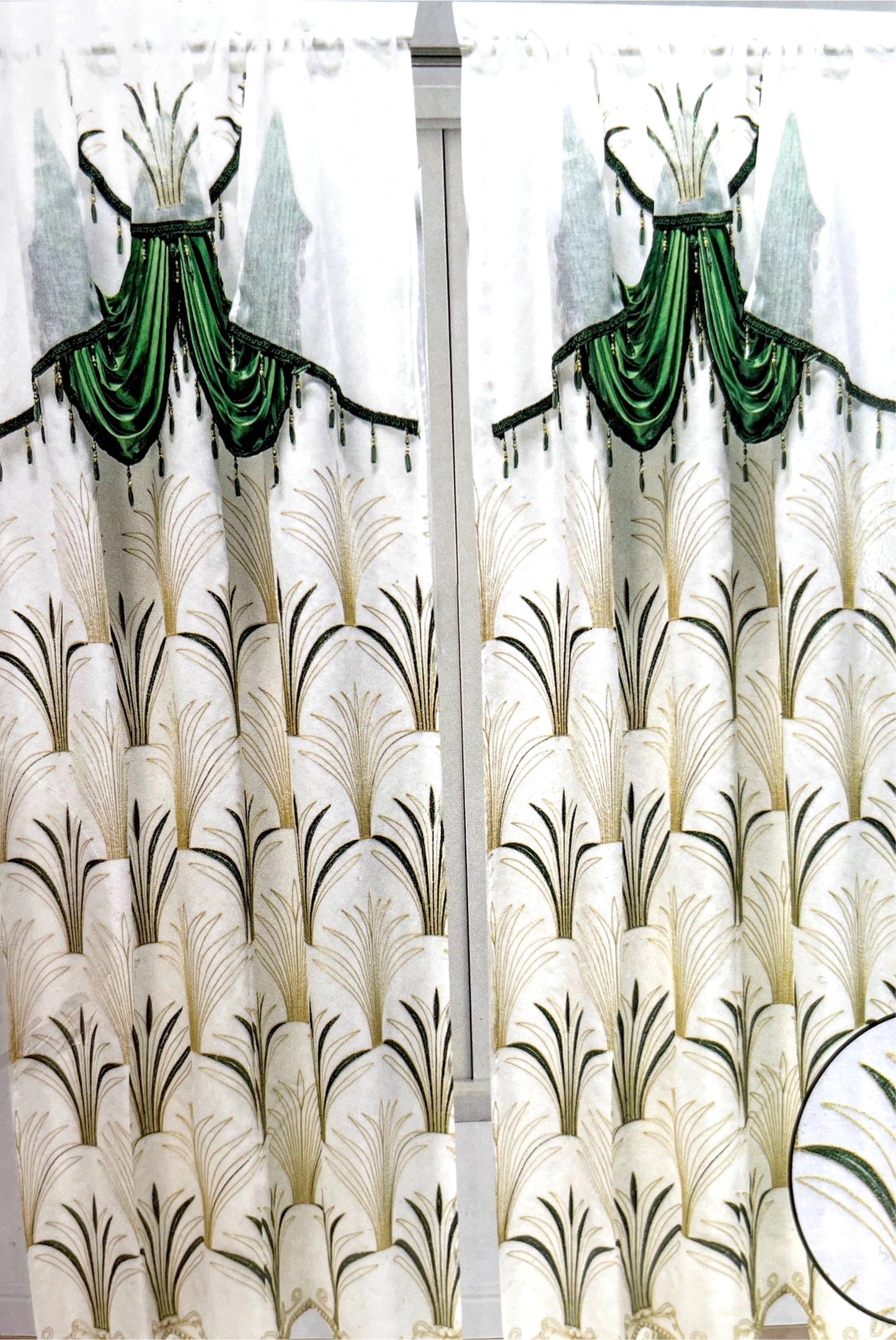 Christmas Holiday Red beaded Curtain with Beaded Valance White w Green & Gold