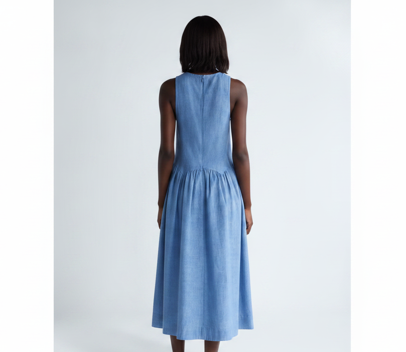 Women's Sleeveless Cotton Racer chambray Denim Maxi Dress