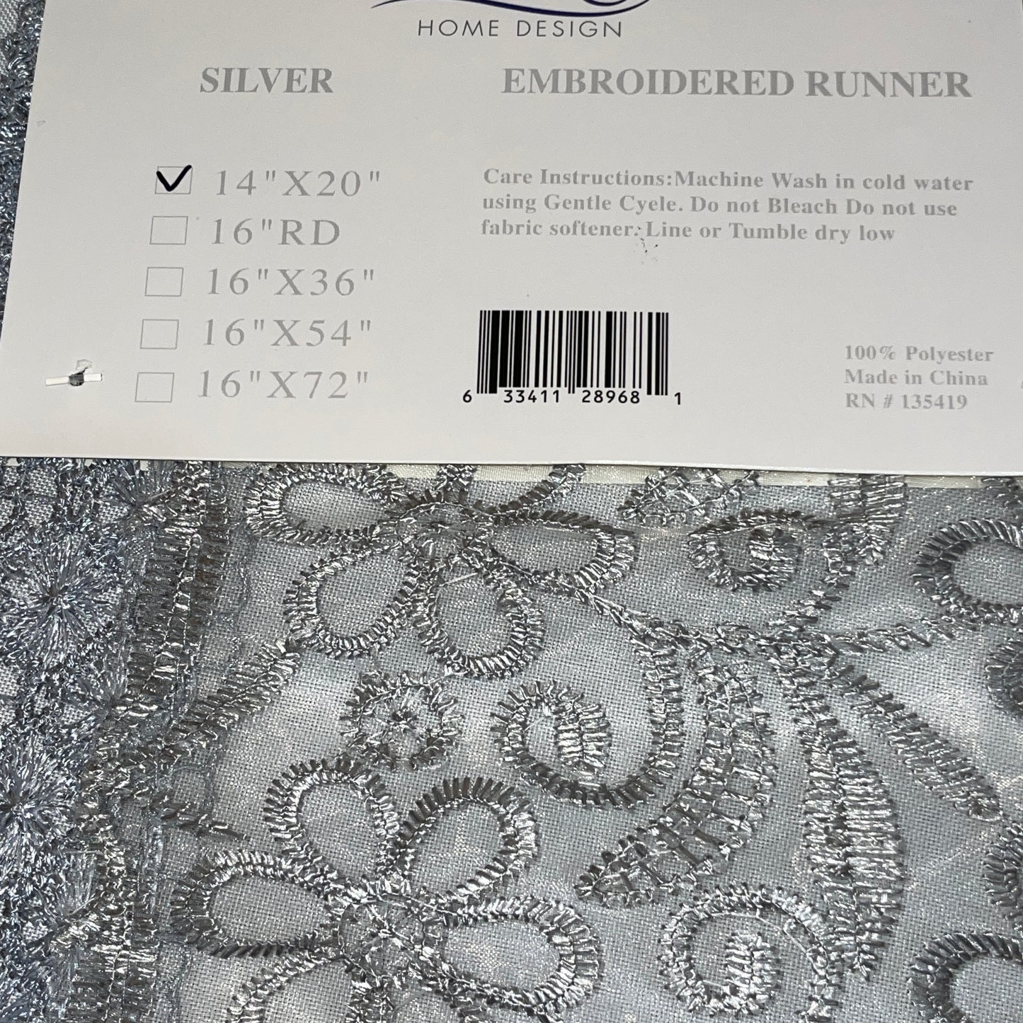 Embroidered floral design Table Runner 14 X 20 Silver