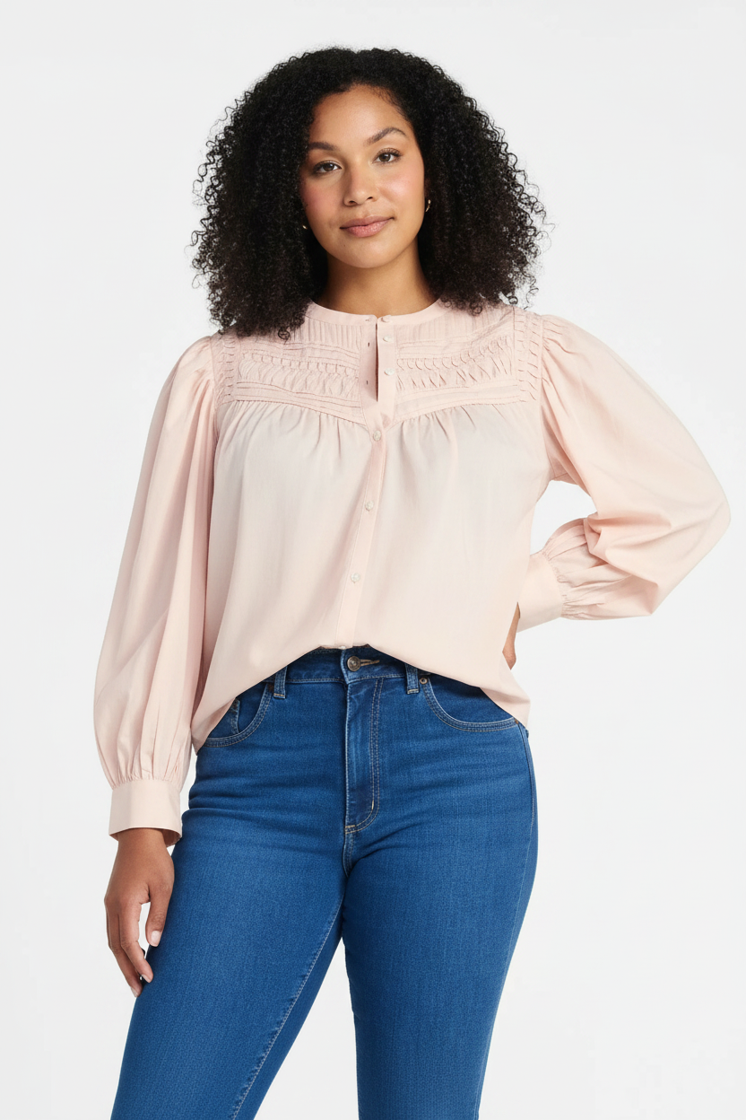 Women's PLUS SIZE Women’s Pleated Yoke PINK Long sleeve Top with