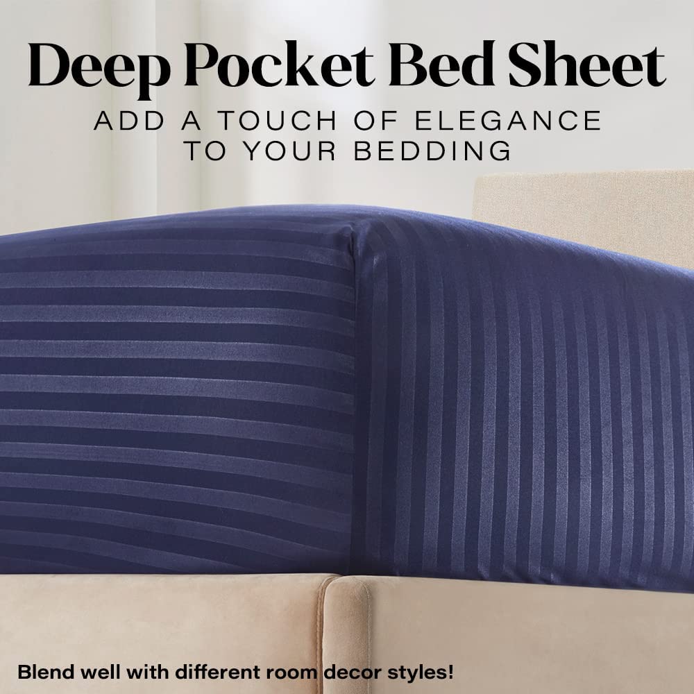 Luxury 6 piece Sheet Set Damask Stripe Soft 1800 Navy QUEEN