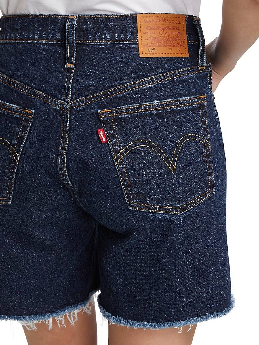 Levi's Dark Wash High Rise Long mid Thigh Frayed Denim Shorts