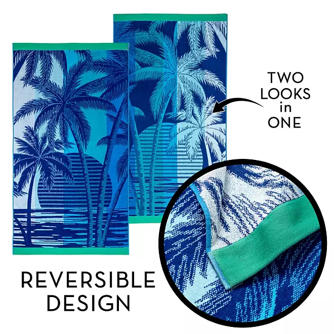 Bright & Colorful 40" W x 72" XL Oversized REVERSIBLE EXTRA-LARGE Towel Bath Sheets Beach Blue Sunset Palm Trees