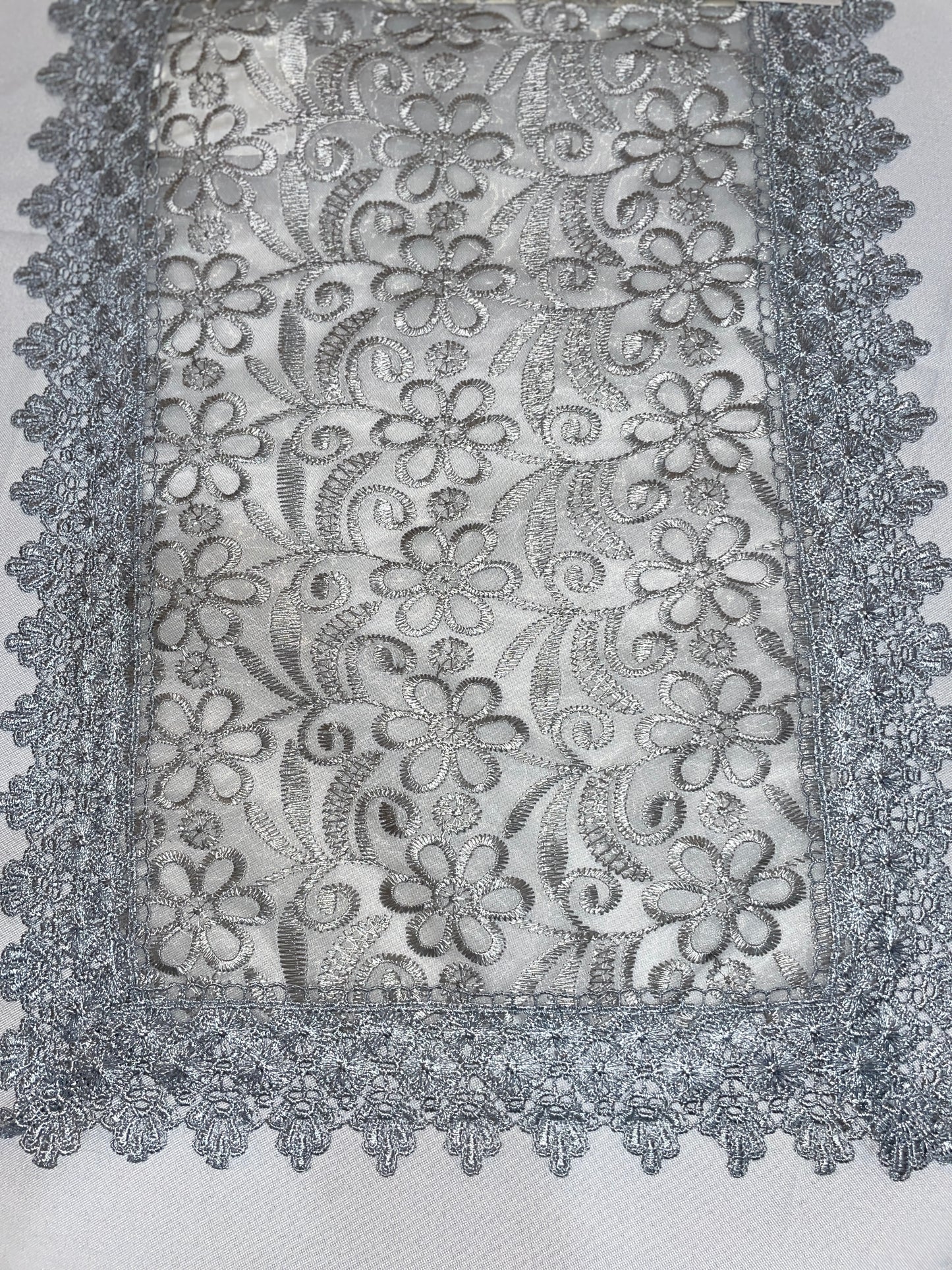 Embroidered floral design Table Runner 14 X 20 Silver