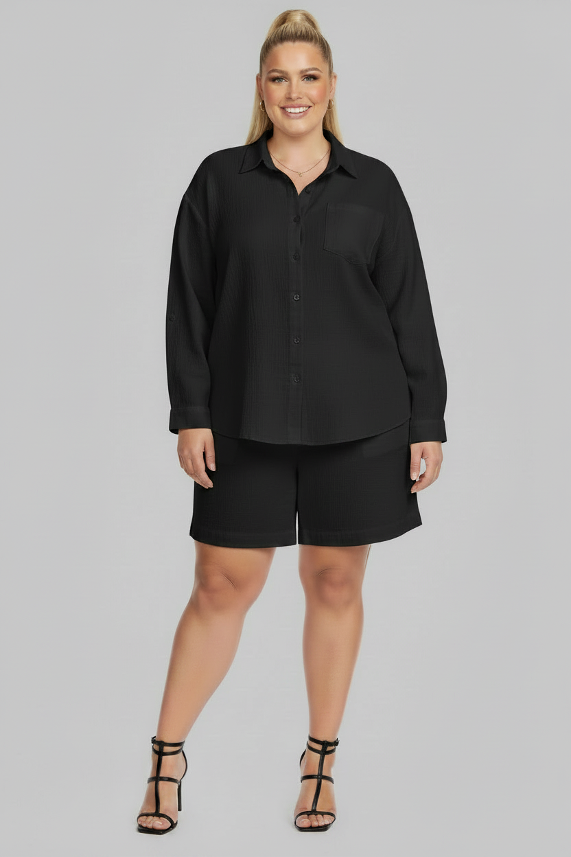 PLUS SIZE WOMEN'S 2 Piece Shirt w Shorts Outfit Set BLACK