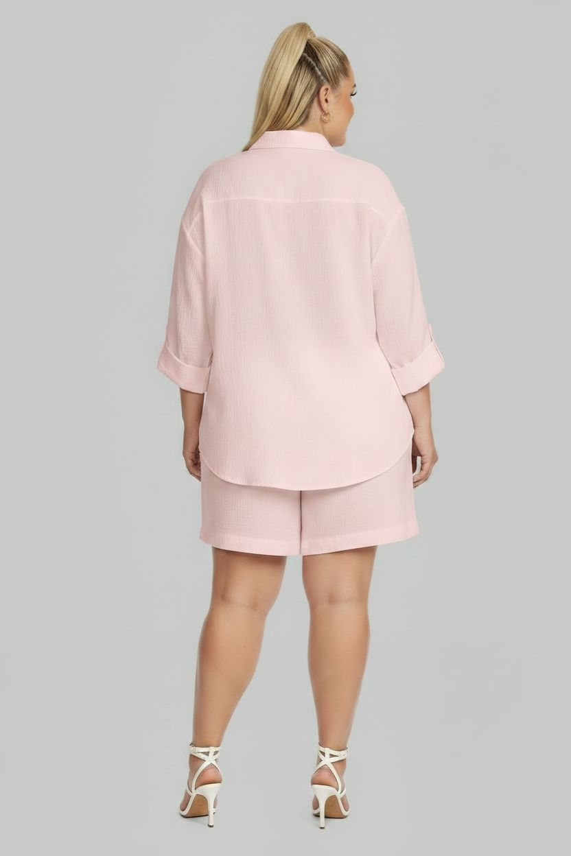 PLUS SIZE WOMEN'S 2 Piece Shirt w Shorts Outfit Set PINK