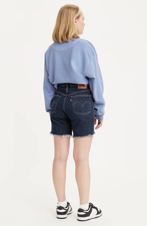 Levi's Dark Wash High Rise Long mid Thigh Frayed Denim Shorts