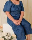 Women's PLUS Smoked Puff Sleeve Denim Look Jumpsuit