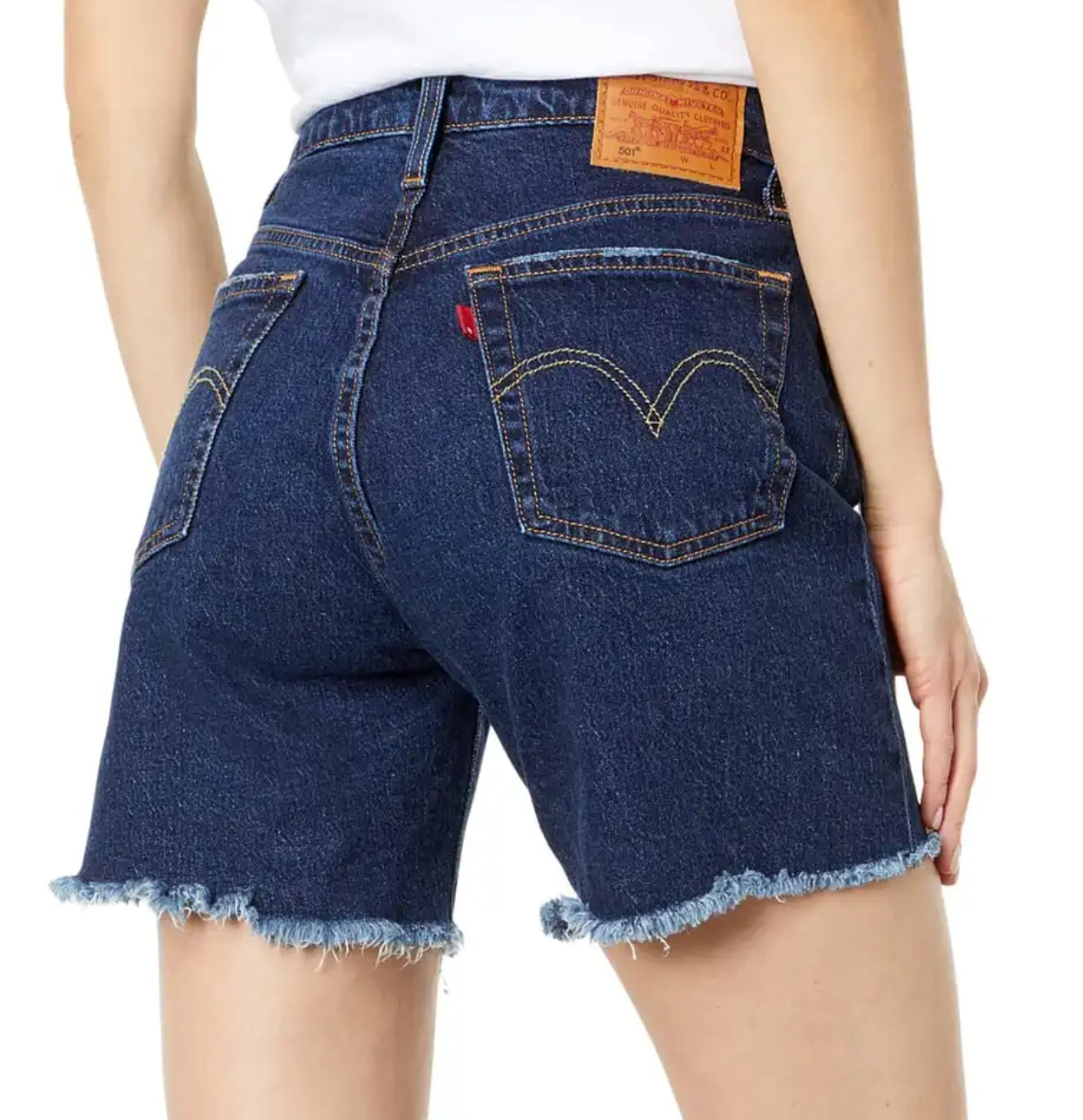 Levi's Dark Wash High Rise Long mid Thigh Frayed Denim Shorts