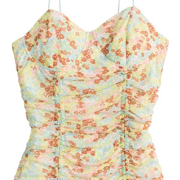 Women's Ruched Tie-Hem Print Dress Slim Fitted Floral Mesh