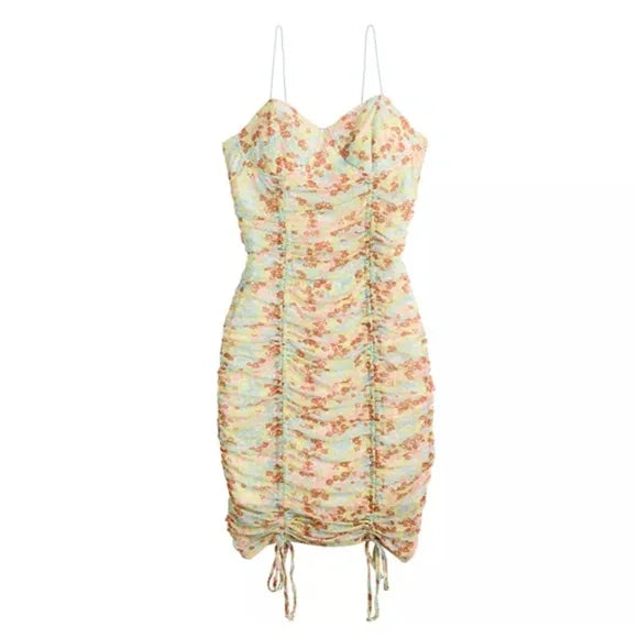 Women's Ruched Tie-Hem Print Dress Slim Fitted Floral Mesh