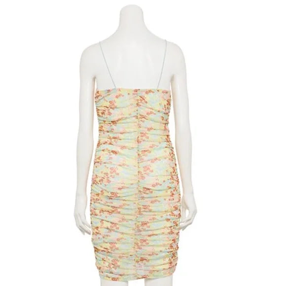 Women's Ruched Tie-Hem Print Dress Slim Fitted Floral Mesh