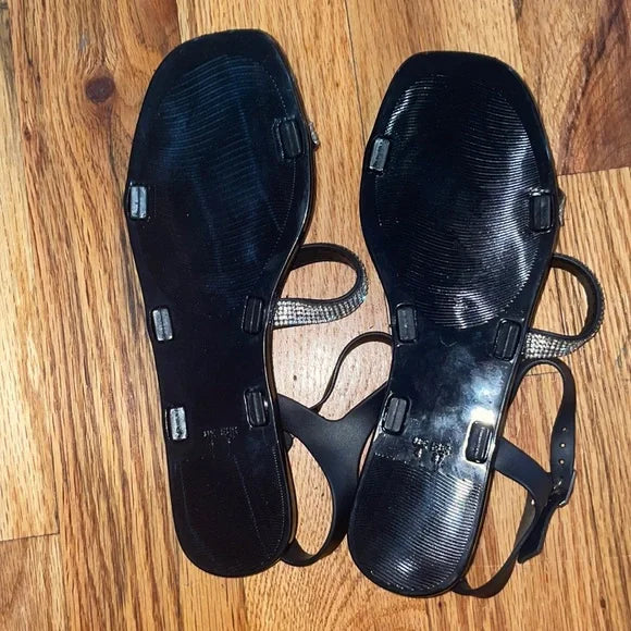 Women's Rhinestone flat Jelly Sandals Shoe BLACK