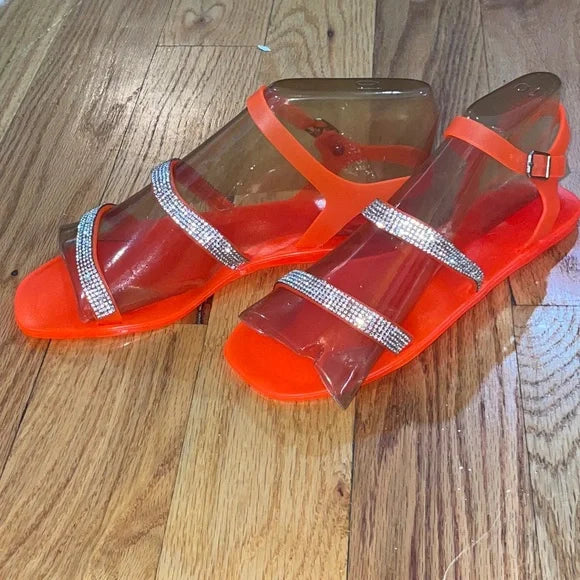 Women's Rhinestone flat Jelly Sandals Shoe ORANGE