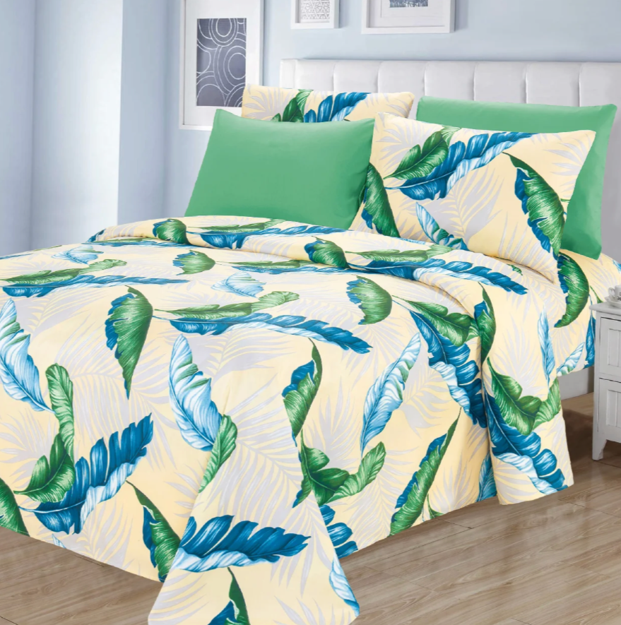 Luxury 6 piece Sheet Set Soft 1800 Print Tropics Green Beige QUEEN