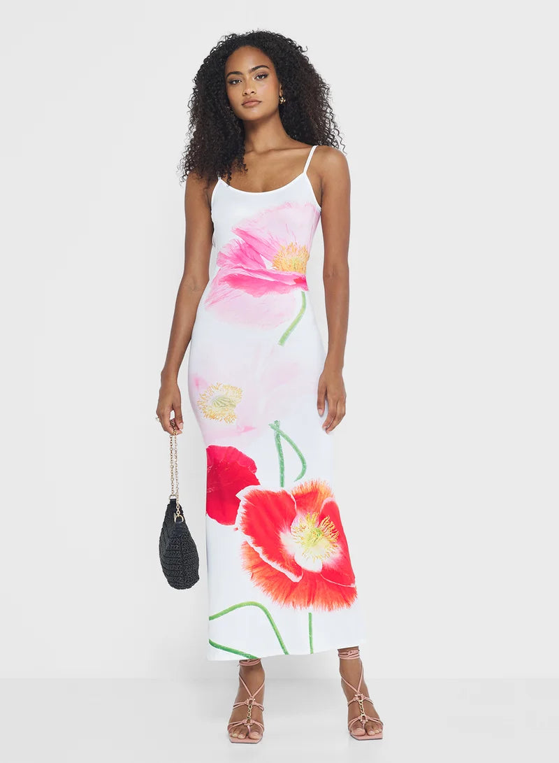Women's Large Flower Poppies Slit Slide Midi Dress